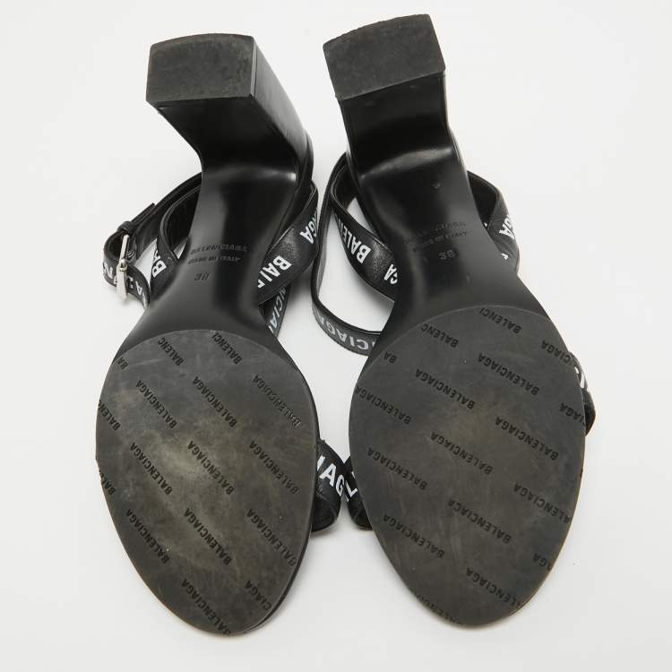 Pre Owned Balenciaga Black Logo Print Leather Ankle Strap Sandals Size 38