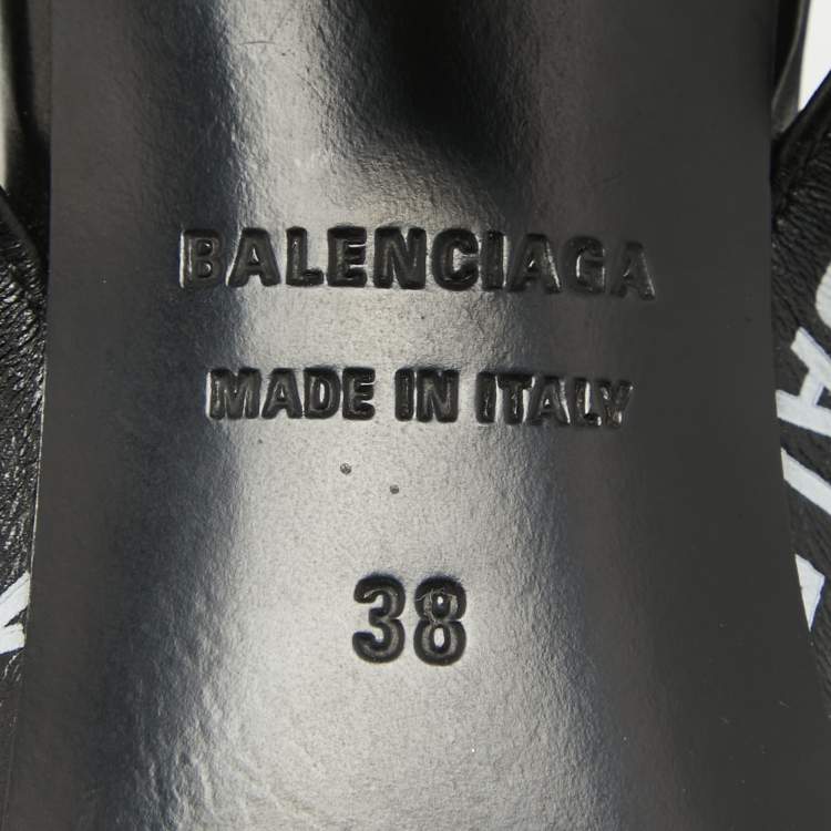 Pre Owned Balenciaga Black Logo Print Leather Ankle Strap Sandals Size 38