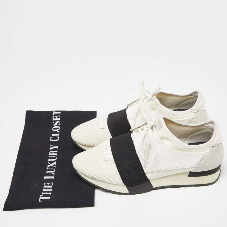 Pre Owned Balenciaga White/Black Leather,Suede and Mesh Race Runner Sneakers Size 39