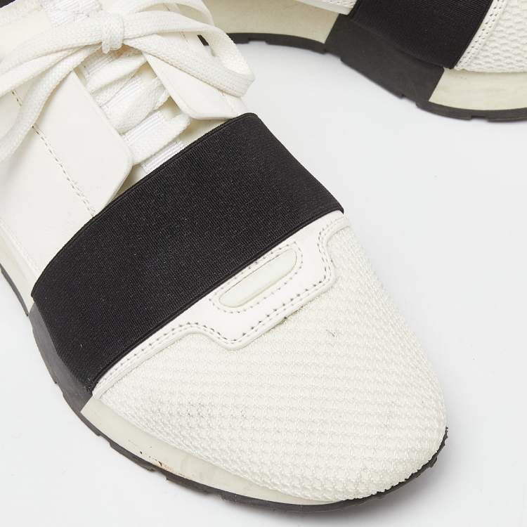 Pre Owned Balenciaga White/Black Leather,Suede and Mesh Race Runner Sneakers Size 39