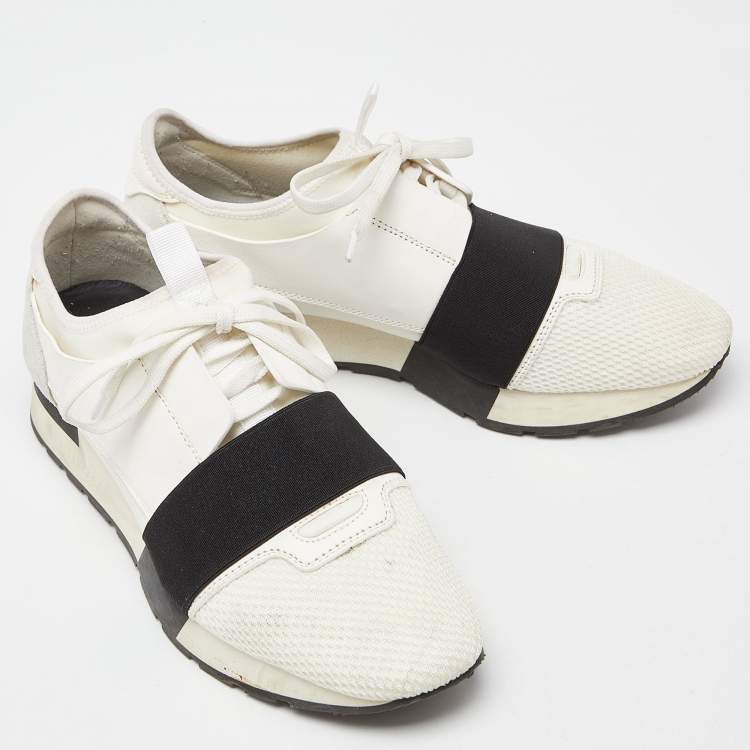 Pre Owned Balenciaga White/Black Leather,Suede and Mesh Race Runner Sneakers Size 39