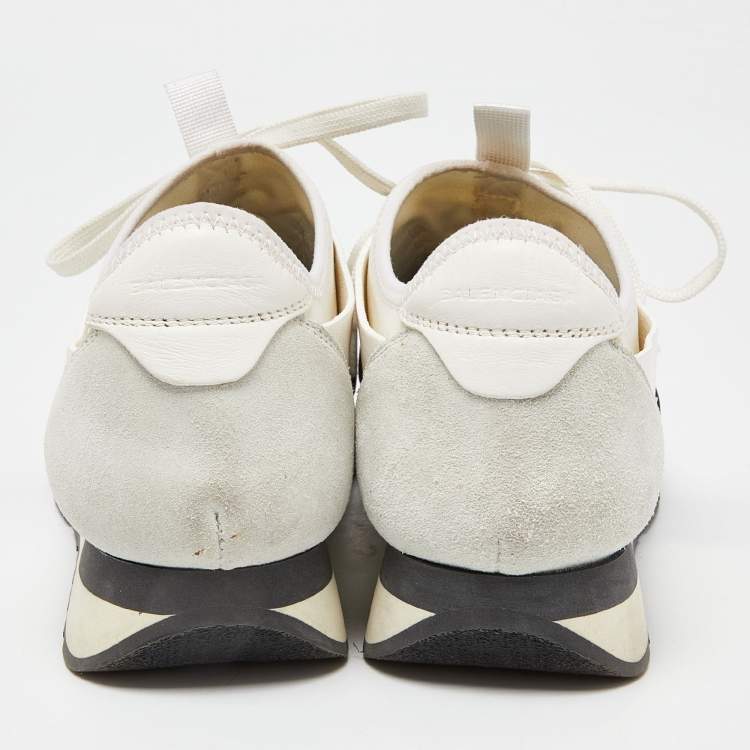Pre Owned Balenciaga White/Black Leather,Suede and Mesh Race Runner Sneakers Size 39