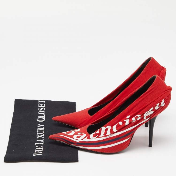 Pre Owned Balenciaga Red Fabric And Leather Knife Logo Pointed Toe Pumps Size 38