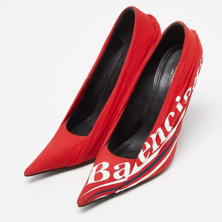 Pre Owned Balenciaga Red Fabric And Leather Knife Logo Pointed Toe Pumps Size 38