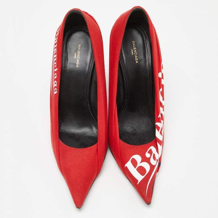 Pre Owned Balenciaga Red Fabric And Leather Knife Logo Pointed Toe Pumps Size 38