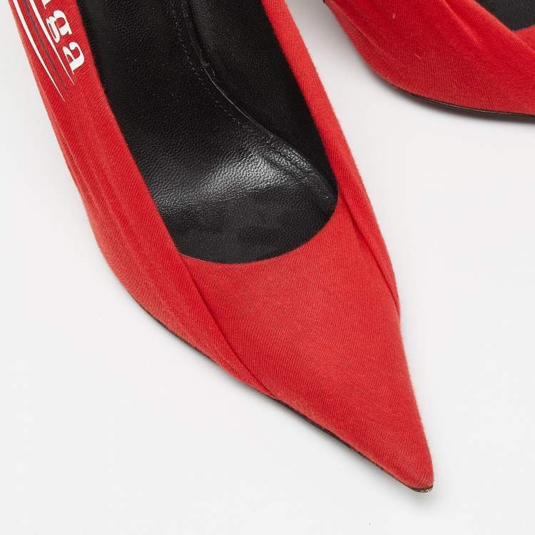 Pre Owned Balenciaga Red Fabric And Leather Knife Logo Pointed Toe Pumps Size 38