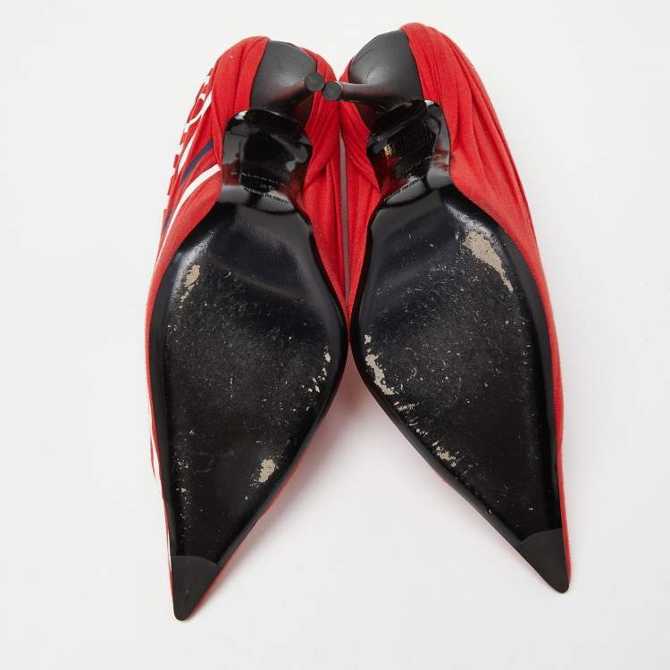 Pre Owned Balenciaga Red Fabric And Leather Knife Logo Pointed Toe Pumps Size 38