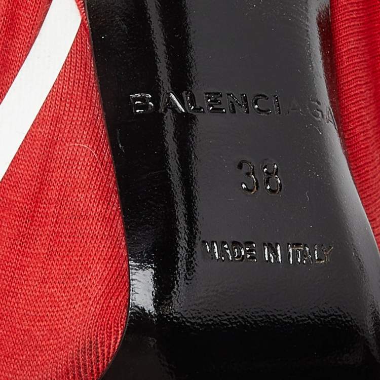 Pre Owned Balenciaga Red Fabric And Leather Knife Logo Pointed Toe Pumps Size 38