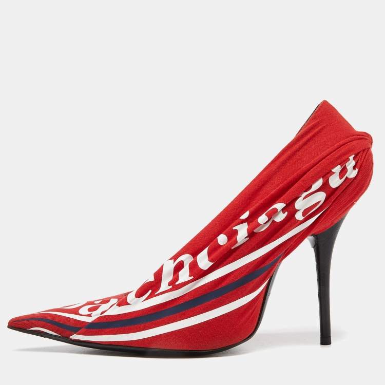 Pre Owned Balenciaga Red Fabric And Leather Knife Logo Pointed Toe Pumps Size 38