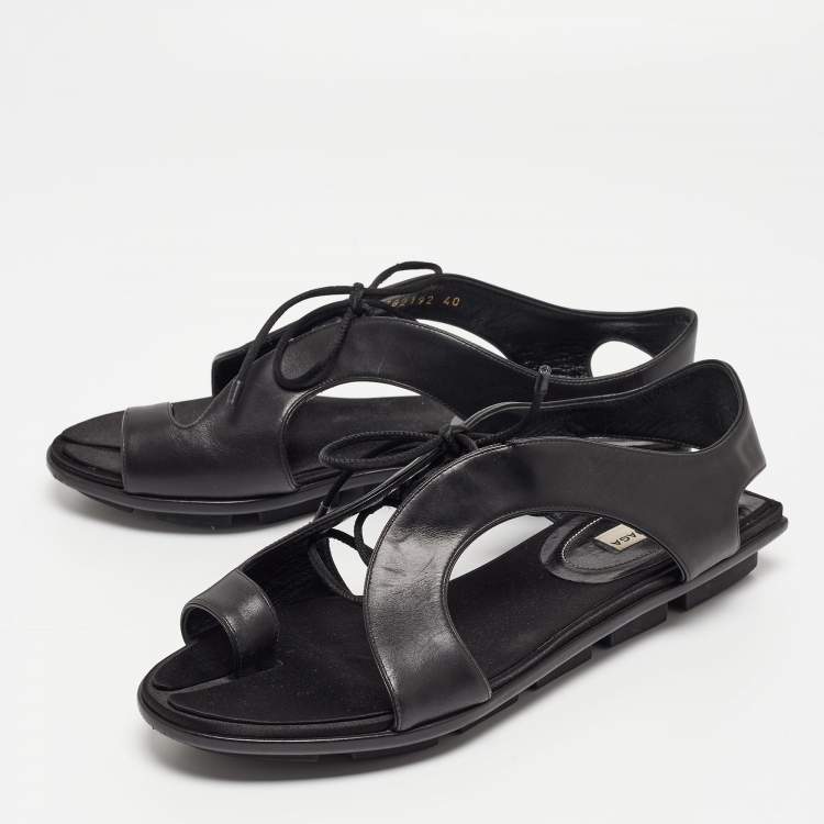 Pre Owned Balenciaga Black Leather Toe Ring Flat Sandals Size 40