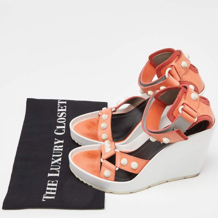 Pre Owned Balenciaga Orange/White Leather Studded Wedge Ankle Cuff Sandals Size 37