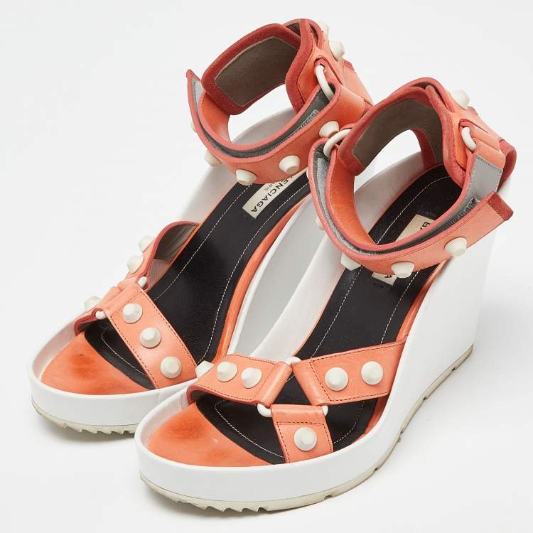 Pre Owned Balenciaga Orange/White Leather Studded Wedge Ankle Cuff Sandals Size 37