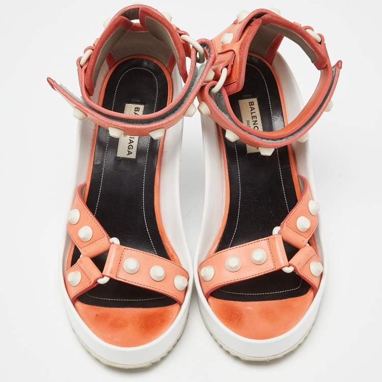 Pre Owned Balenciaga Orange/White Leather Studded Wedge Ankle Cuff Sandals Size 37