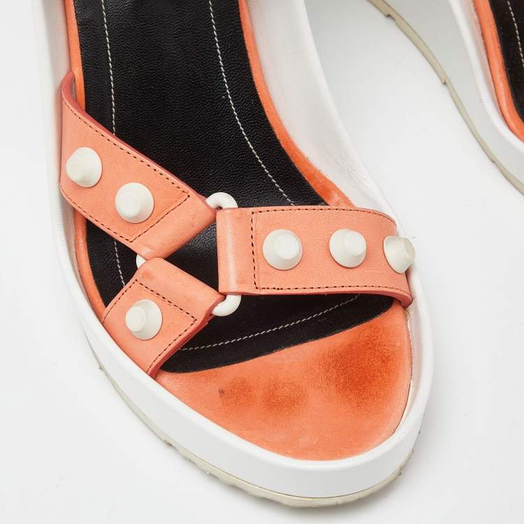 Pre Owned Balenciaga Orange/White Leather Studded Wedge Ankle Cuff Sandals Size 37