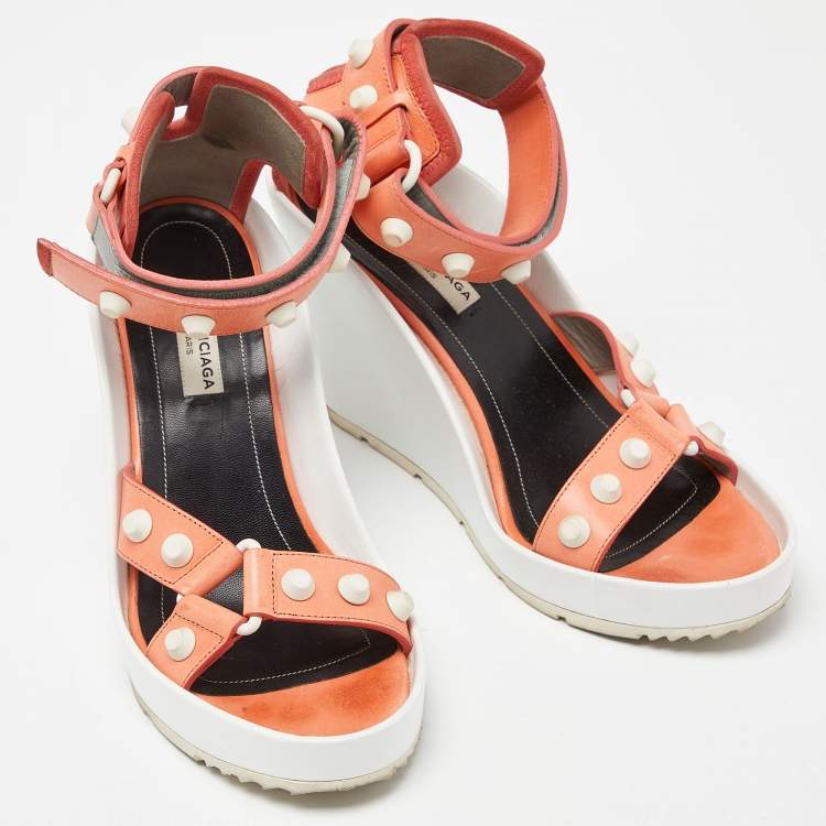 Pre Owned Balenciaga Orange/White Leather Studded Wedge Ankle Cuff Sandals Size 37