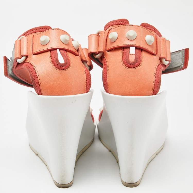 Pre Owned Balenciaga Orange/White Leather Studded Wedge Ankle Cuff Sandals Size 37