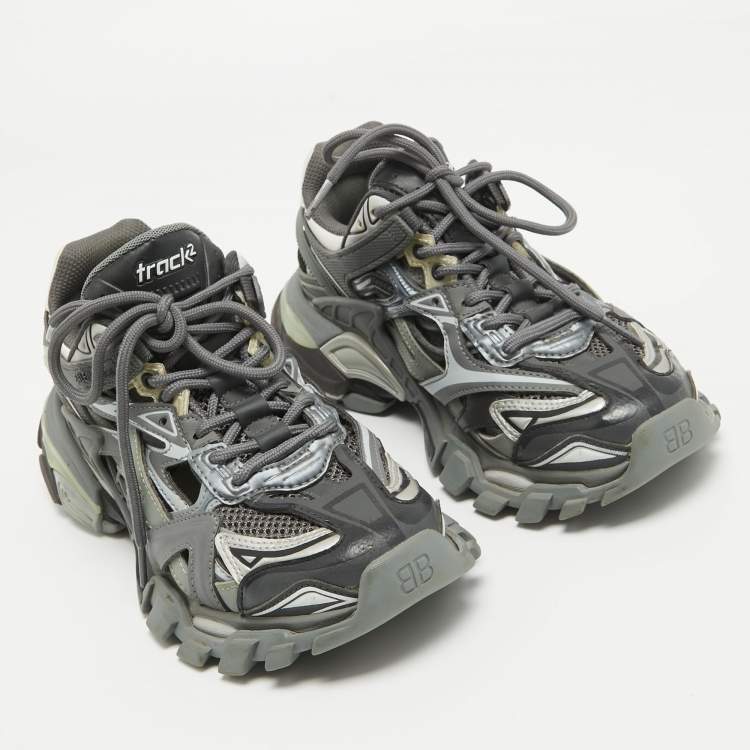 مملوكة مسبقًا Balenciaga Grey/Black Faux Leather and Mesh Track 2 Sneakers Size 36