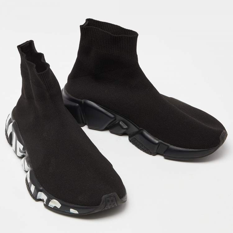 Pre Owned Balenciaga Black Knit Fabric Speed Trainer High Top Sneakers Size 38