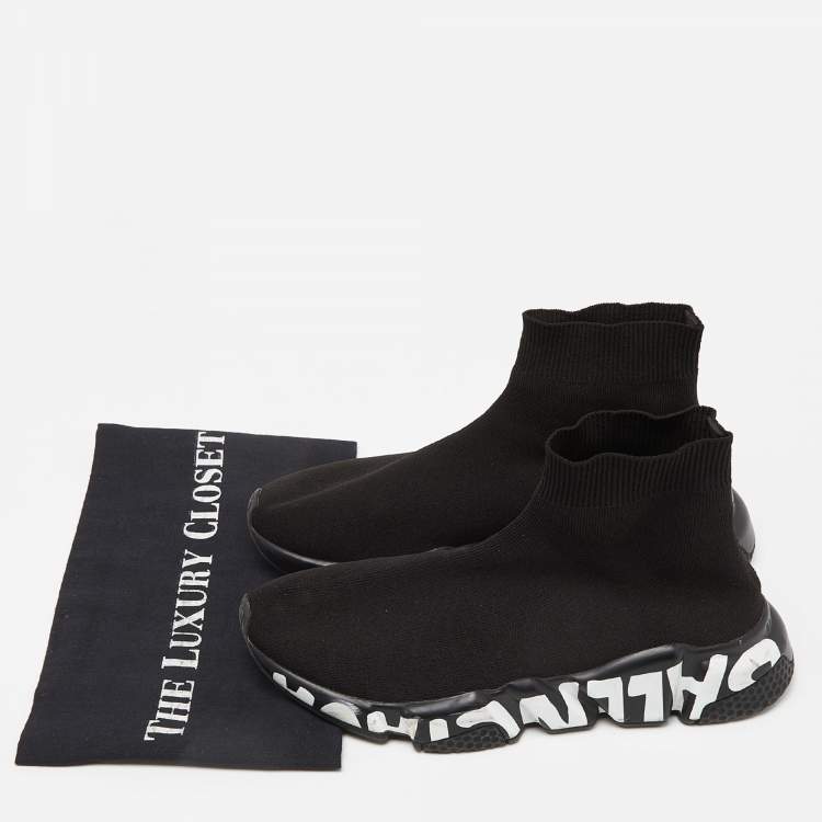 Pre Owned Balenciaga Black Knit Fabric Speed Trainer High Top Sneakers Size 38