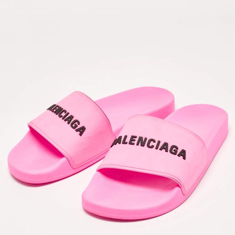 Pre Owned Balenciaga Pink Rubber Open Toe Flats Slides Size 40