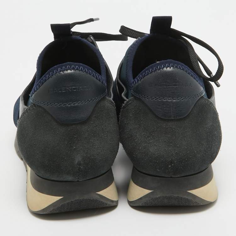 Pre Owned Balenciaga Navy Blue Leather and Mesh Race Runner Sneakers Size 38