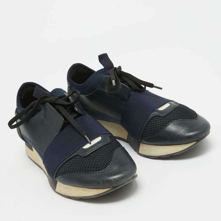 Pre Owned Balenciaga Navy Blue Leather and Mesh Race Runner Sneakers Size 38