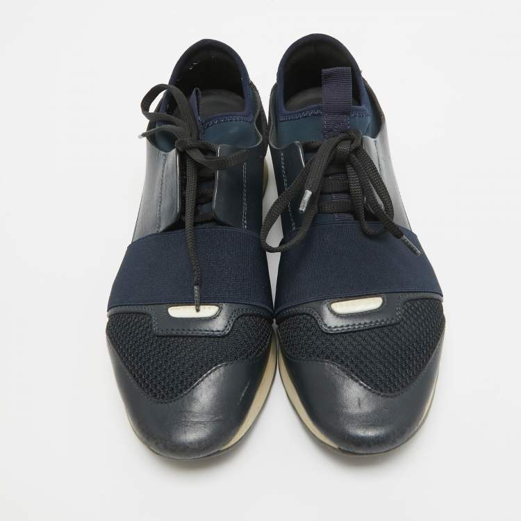 Pre Owned Balenciaga Navy Blue Leather and Mesh Race Runner Sneakers Size 38