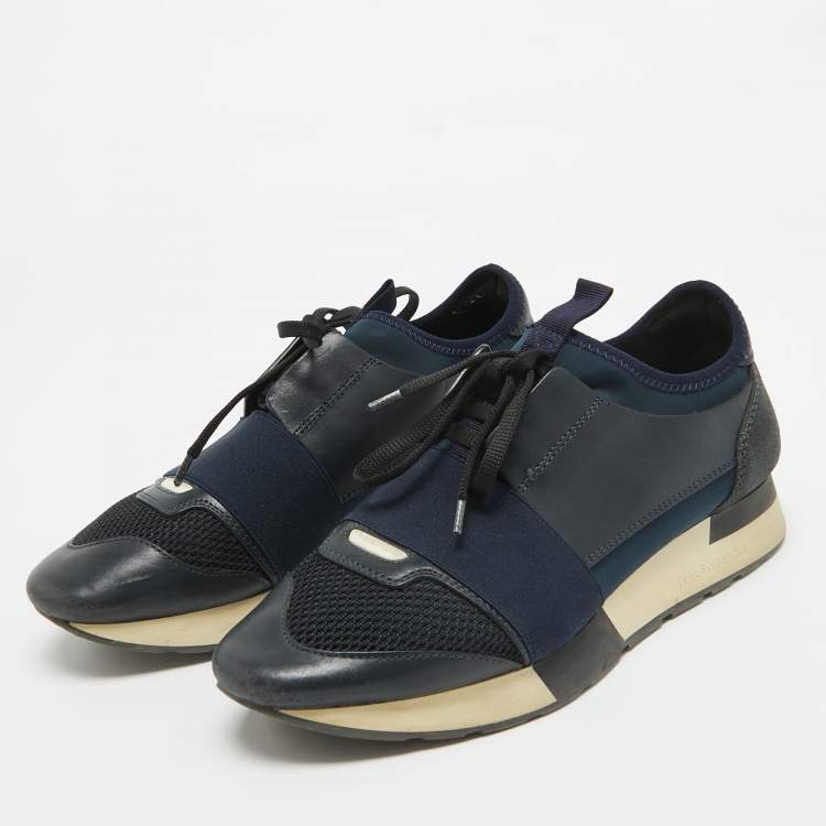 Pre Owned Balenciaga Navy Blue Leather and Mesh Race Runner Sneakers Size 38