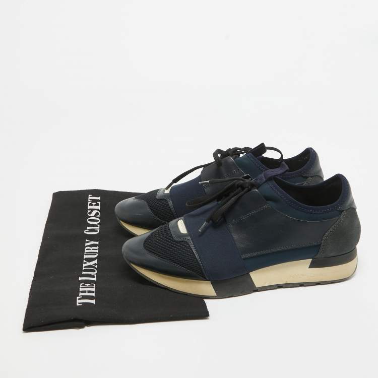 Pre Owned Balenciaga Navy Blue Leather and Mesh Race Runner Sneakers Size 38