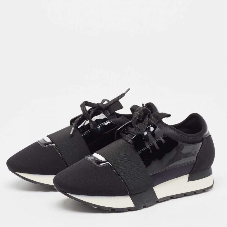 Pre Owned Balenciaga Black Patent and Fabric Race Runner Sneakers Size 37