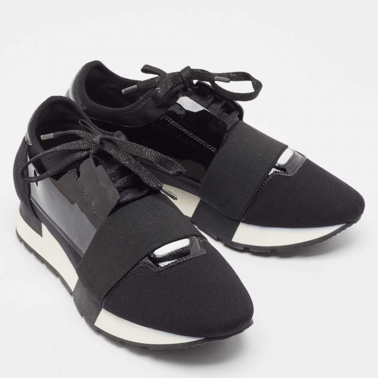 Pre Owned Balenciaga Black Patent and Fabric Race Runner Sneakers Size 37