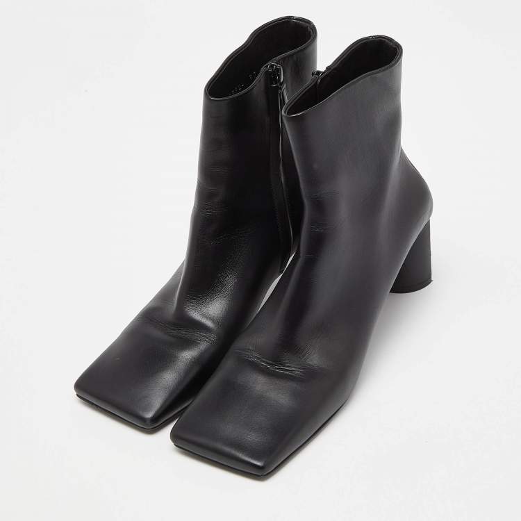 Pre Owned Balenciaga Black Leather Square Toe Ankle Boots Size 37
