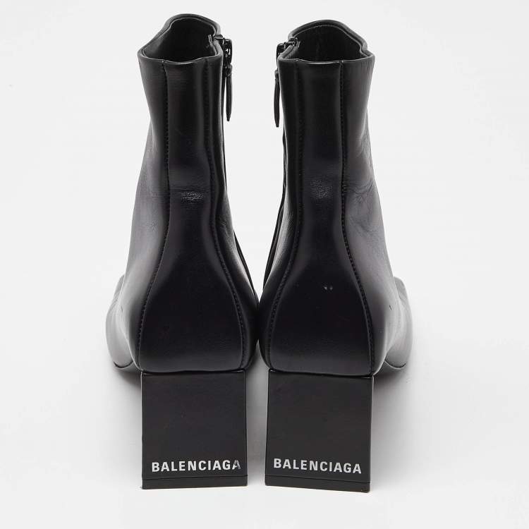 Pre Owned Balenciaga Black Leather Square Toe Ankle Boots Size 37