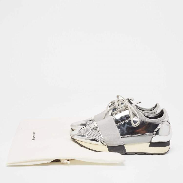 Pre Owned Balenciaga Silver Leather and Mesh Race Runner Sneakers Size 36