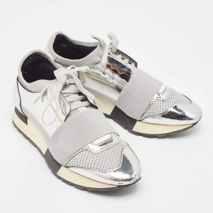 Pre Owned Balenciaga Silver Leather and Mesh Race Runner Sneakers Size 36