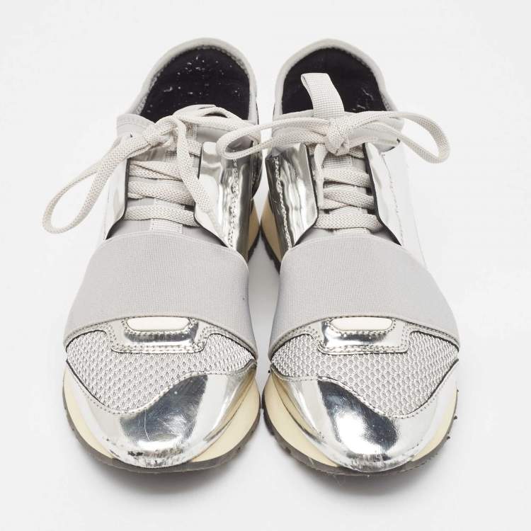 Pre Owned Balenciaga Silver Leather and Mesh Race Runner Sneakers Size 36