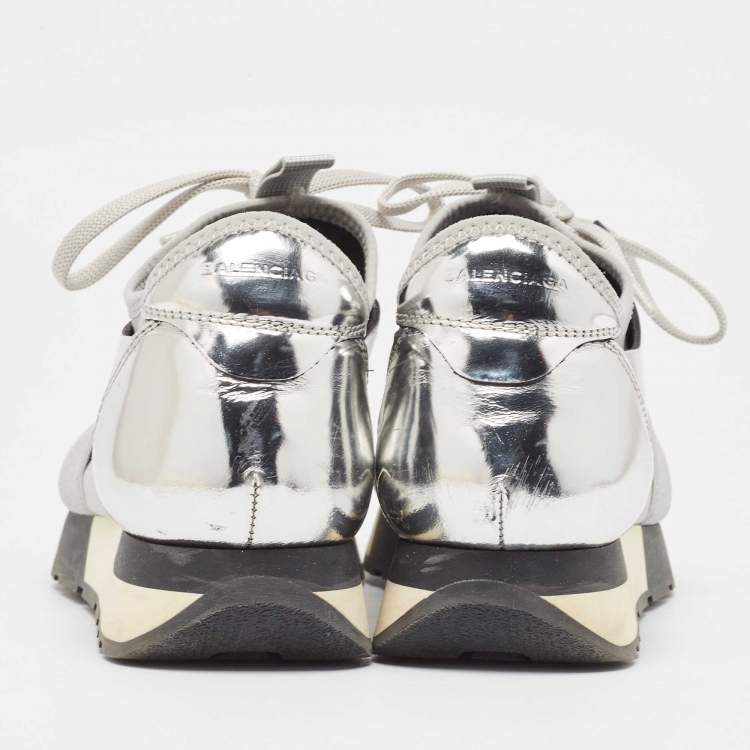 Pre Owned Balenciaga Silver Leather and Mesh Race Runner Sneakers Size 36