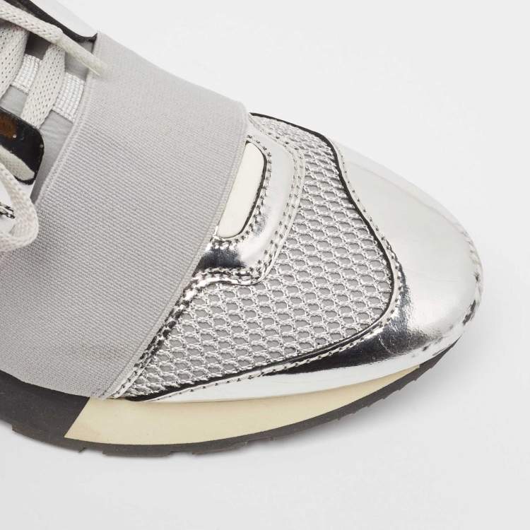 Pre Owned Balenciaga Silver Leather and Mesh Race Runner Sneakers Size 36