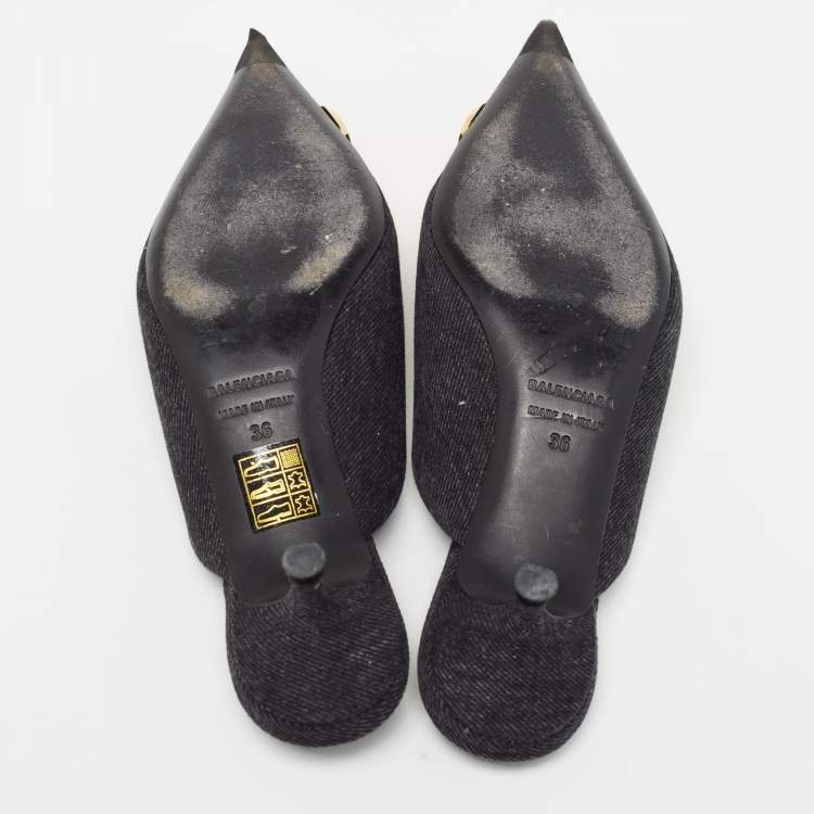 Pre Owned Balenciaga Black Denim BB Mules Size 36