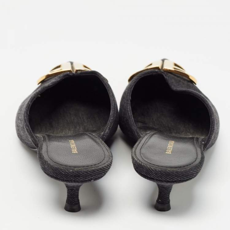 Pre Owned Balenciaga Black Denim BB Mules Size 36