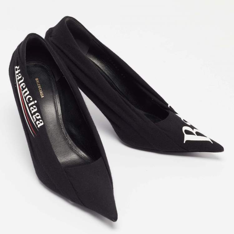 Pre Owned Balenciaga Black Fabric and Leather Logo Knife Pumps Size 37