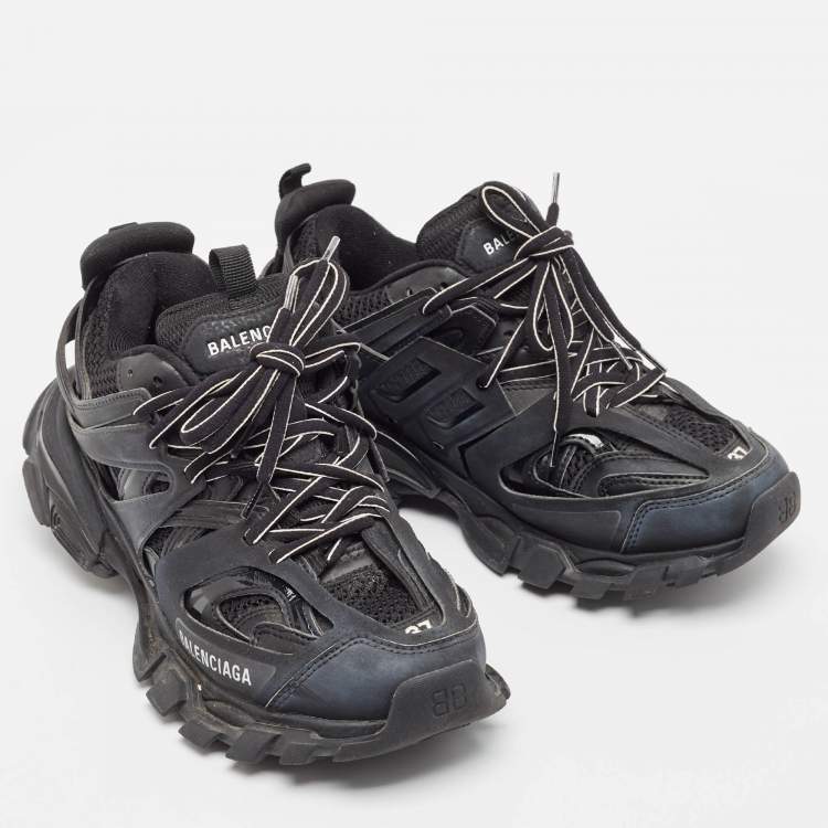 Pre Owned Balenciaga Black Faux Leather Mesh Track Sneakers Size 37