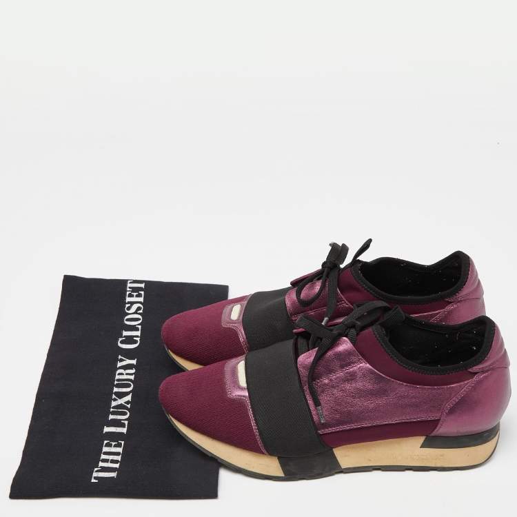 Pre Owned Balenciaga Burgundy Leather, Neoprene and Fabric Race Runner Sneakers Size 39