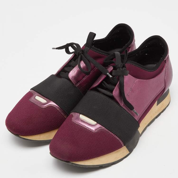 Pre Owned Balenciaga Burgundy Leather, Neoprene and Fabric Race Runner Sneakers Size 39