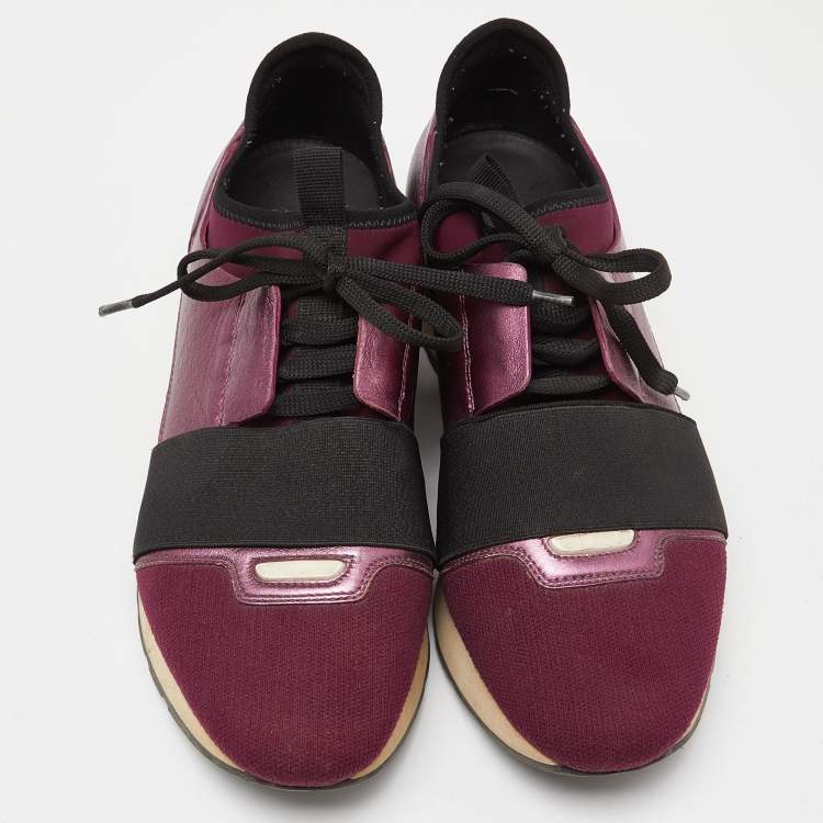 Pre Owned Balenciaga Burgundy Leather, Neoprene and Fabric Race Runner Sneakers Size 39