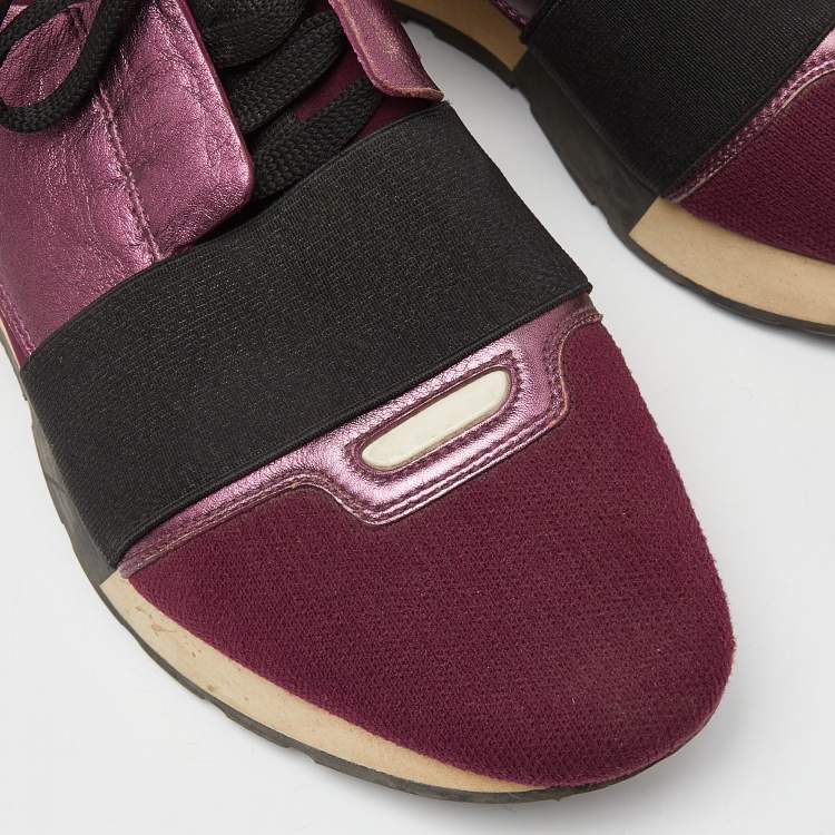 Pre Owned Balenciaga Burgundy Leather, Neoprene and Fabric Race Runner Sneakers Size 39