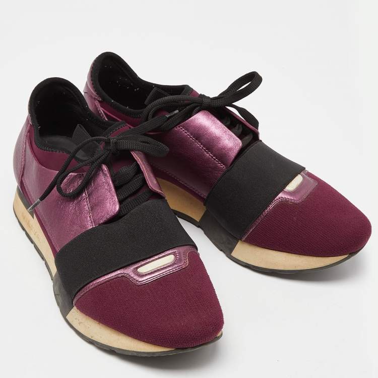 Pre Owned Balenciaga Burgundy Leather, Neoprene and Fabric Race Runner Sneakers Size 39