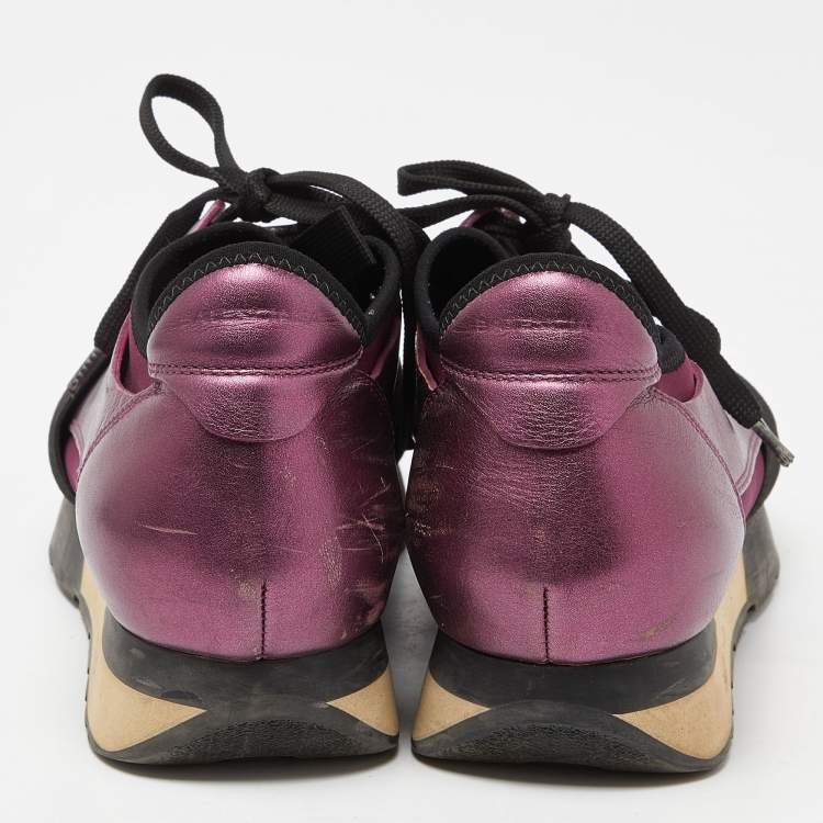 Pre Owned Balenciaga Burgundy Leather, Neoprene and Fabric Race Runner Sneakers Size 39