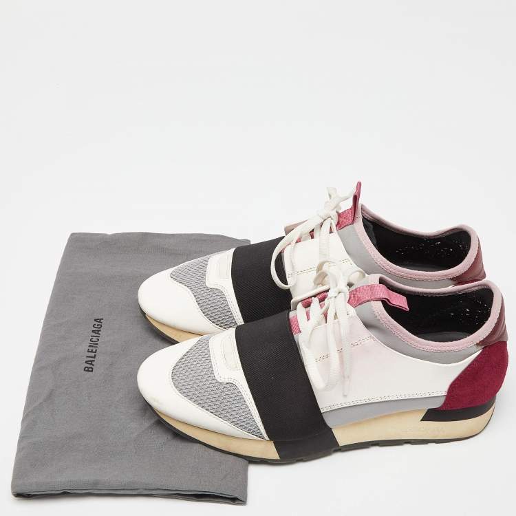 Pre Owned Balenciaga White/Burgundy Leather,Suede and Mesh Race Runner Sneakers Size 38