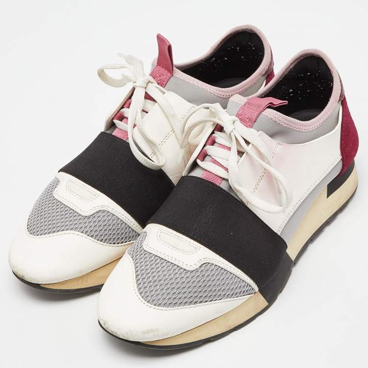Pre Owned Balenciaga White/Burgundy Leather,Suede and Mesh Race Runner Sneakers Size 38